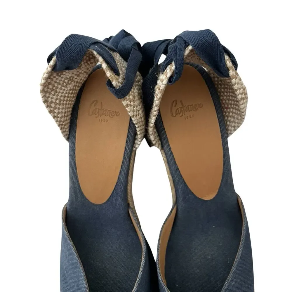 Castaner Carina Wedge Espadrille Ankle Tie Sandal Blue Canvas Sz 9 Resort boho